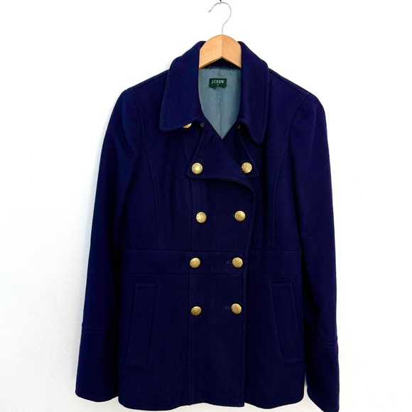 J Crew Wool Peacoat Navy Blue Gold Buttons Silky Lined Academia Double Breast 12 - Picture 2 of 13